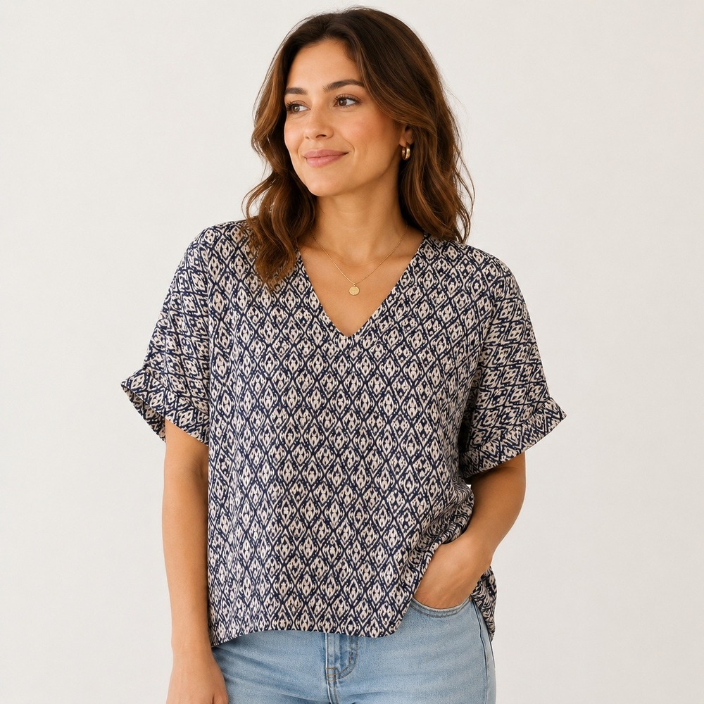 Ellie Kai Ikat Blouse Womens 6 Navy Cream V Neck Rolled Sleeve Geometric